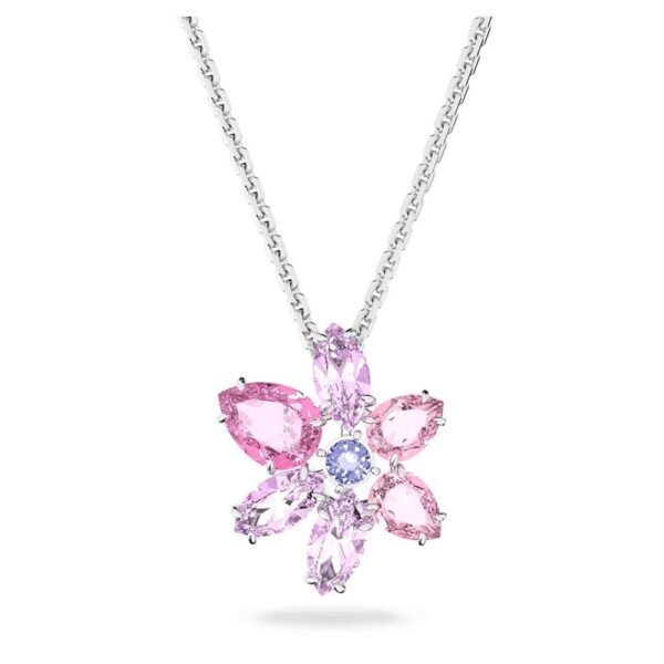 Swarovski Gema pendant Mixed cuts, Flower, Pink, Rhodium plated 5662493