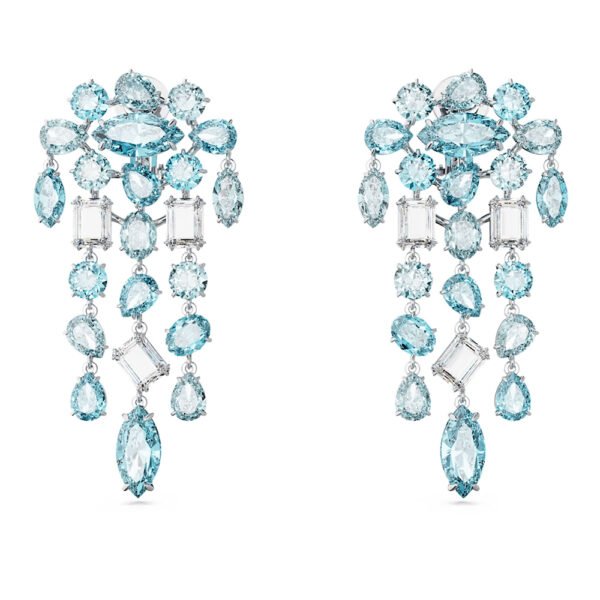 Swarovski Gema clip earrings Mixed cuts, Chandelier, Extra long, Blue, Rhodium plated 5666015