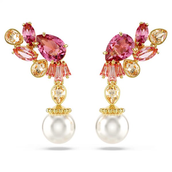 Swarovski Gema drop earrings, Mixed cuts, Crystal pearls, Flower, Pink, Gold-tone plated 5688486