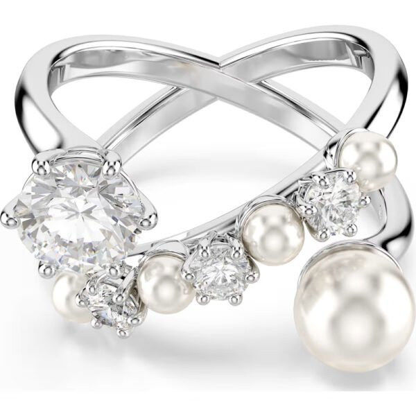 Swarovski Matrix cocktail ring Crystal pearl, Round cut, White, Rhodium plated