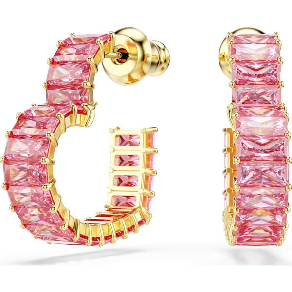 Swarovski Matrix hoop earrings, Baguette cut, Heart, Small, Pink, Gold-tone plated 5706340