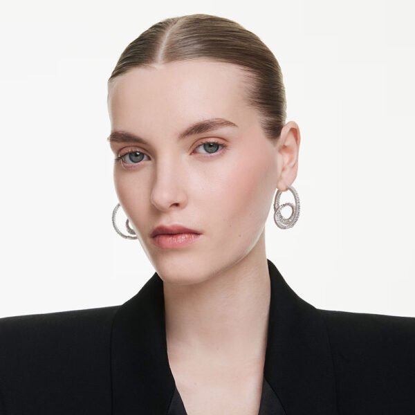 Swarovski Matrix hoop earrings Baguette cut, Ribbon, White, Rhodium plated 5727113