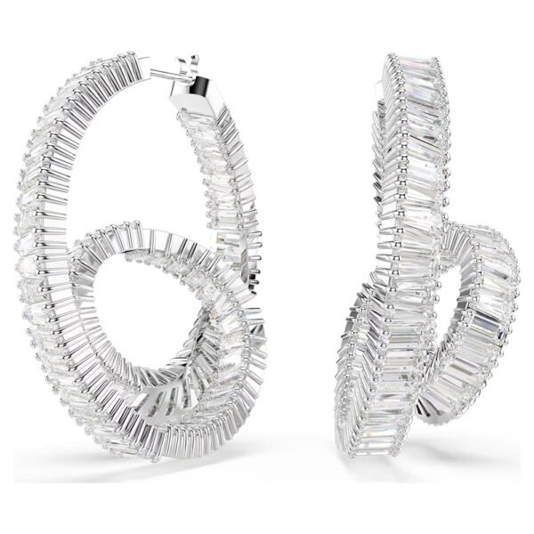 Swarovski Matrix hoop earrings Baguette cut, Ribbon, White, Rhodium plated 5727113