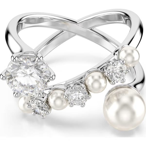 Swarovski Matrix cocktail ring Crystal pearl, Round cut, White, Rhodium plated