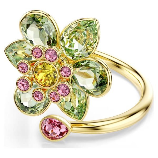 Swarovski Idyllia open ring Mixed cuts, Flower, Green, Gold-tone plated