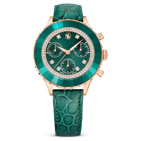 Swarovski Octea chrono watch Swiss Made, Leather strap, Green, Rose gold-tone finish 5672931